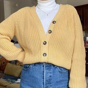 Everlane The Cotton Texture Cardigan Knit Chunky Sweater in Butter Yellow Size M